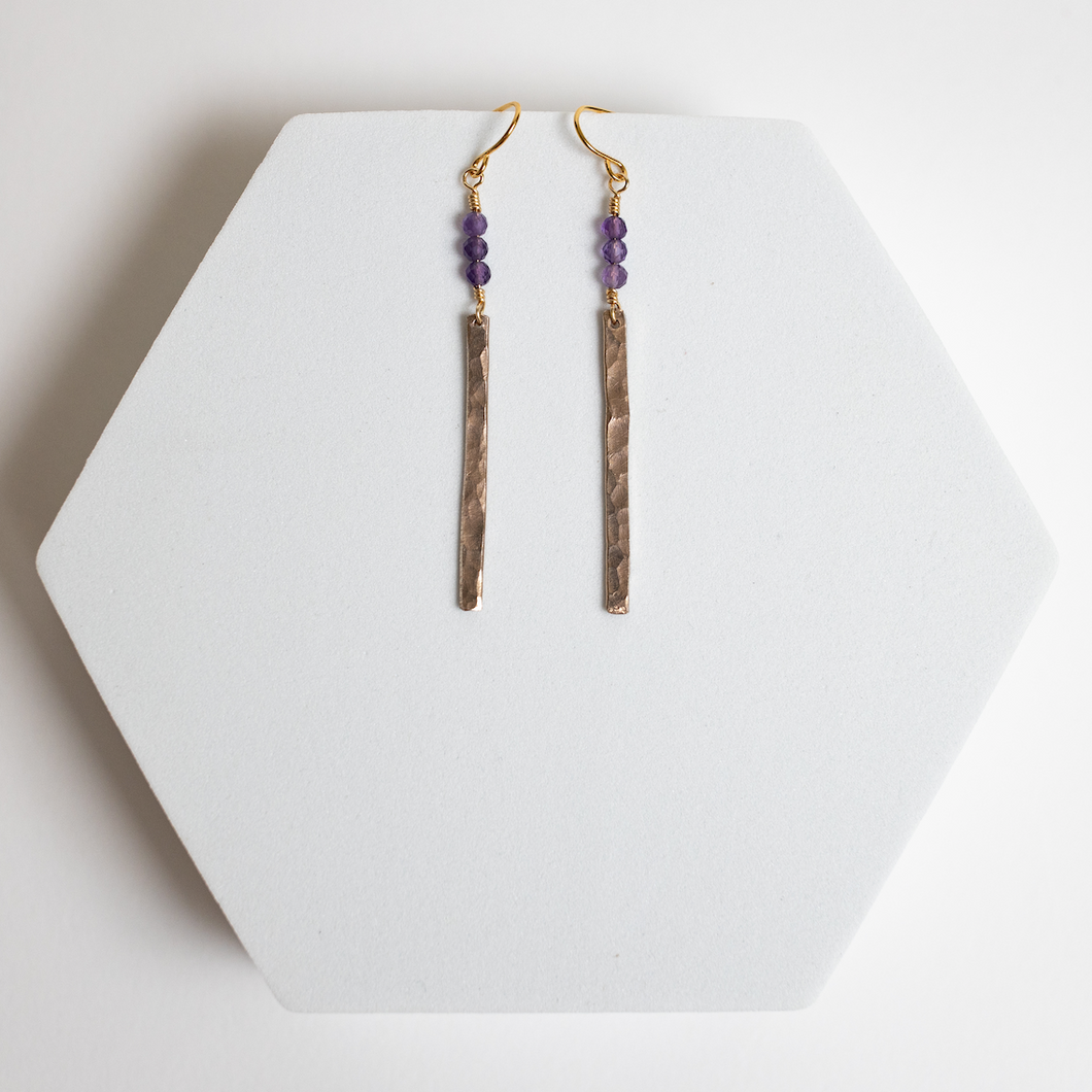 Respect Earrings | Repurposed Auto Copper Brake Line | Amethyst Gemstone | Gold Plated Ear Wire