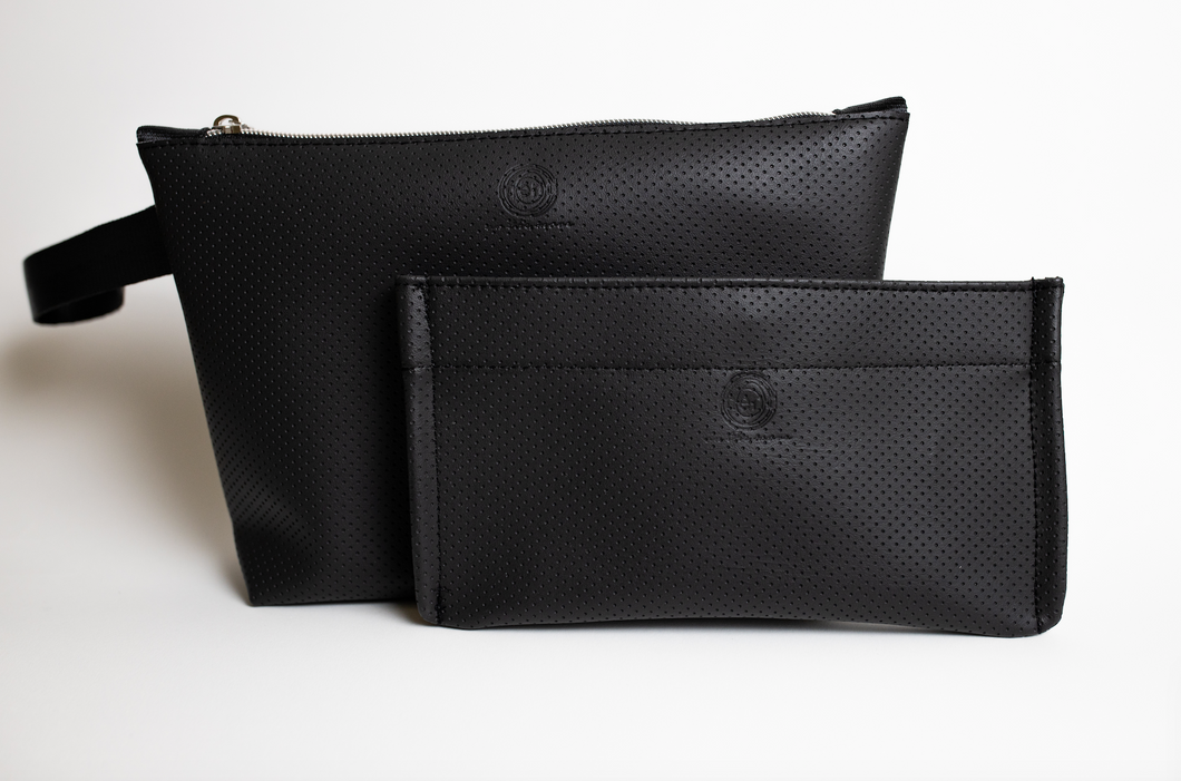 Two leather black textured bags for sale by Mend on the Move on a white background