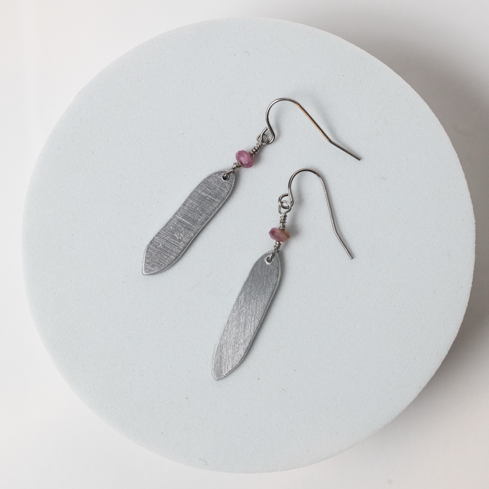 Essence Earrings | Pink Tourmaline with Repurposed Automotive Aluminum Scrap | Stainless Steel Ear Wires