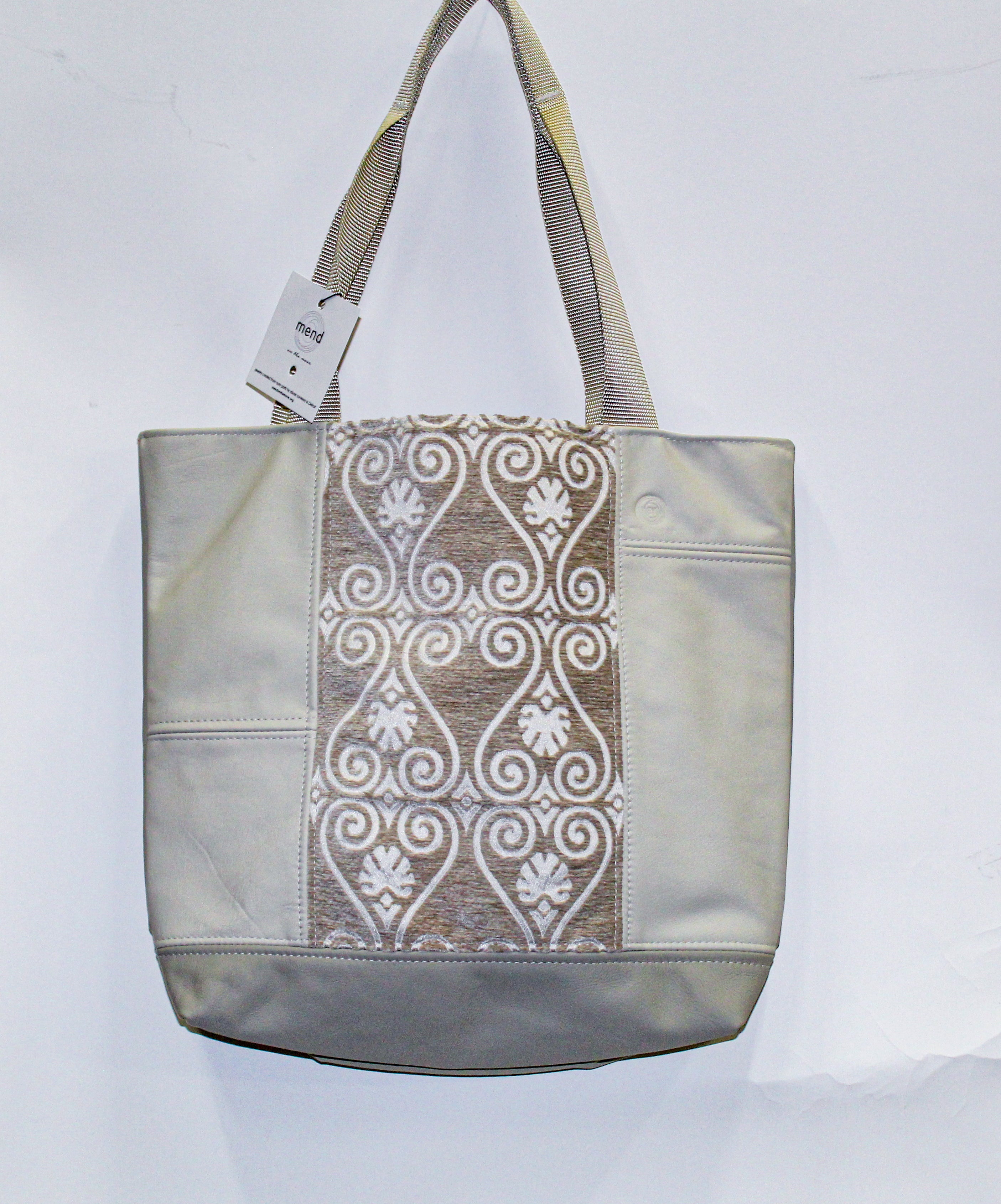 Patchwork Tote | Large Upcycled Auto Leather & Fabric | One of a Kind | Beige Velvet Swirl