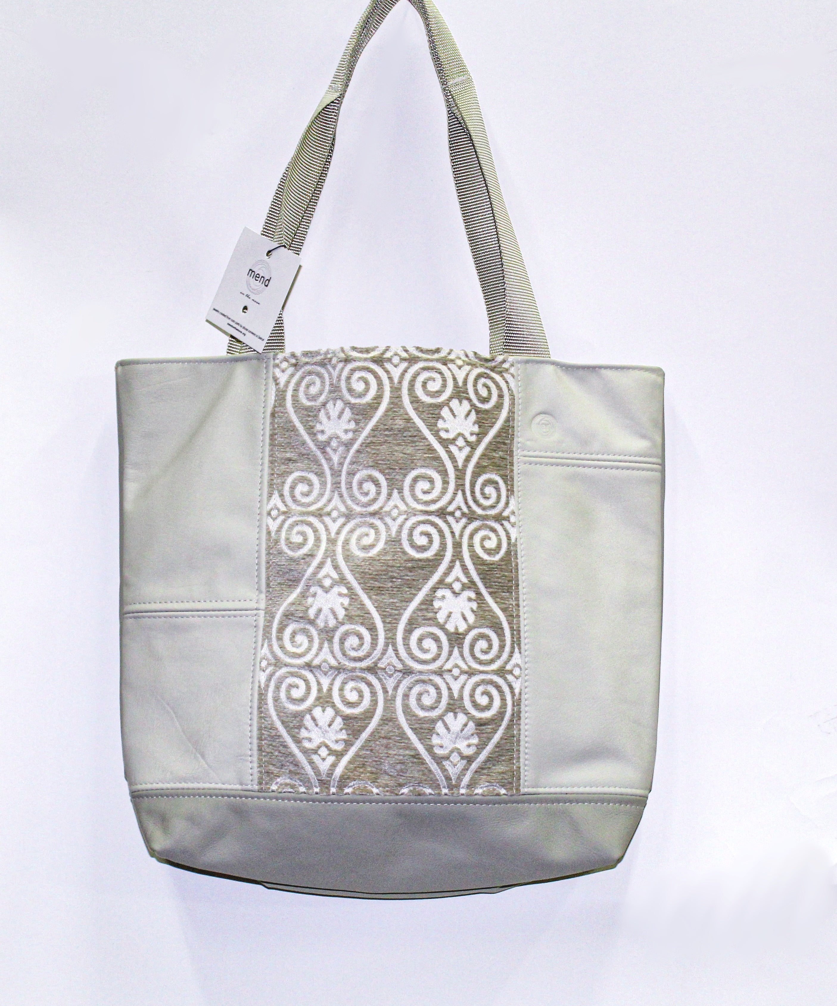 Patchwork Tote | Large Upcycled Auto Leather & Fabric | One of a Kind | Beige Velvet Swirl