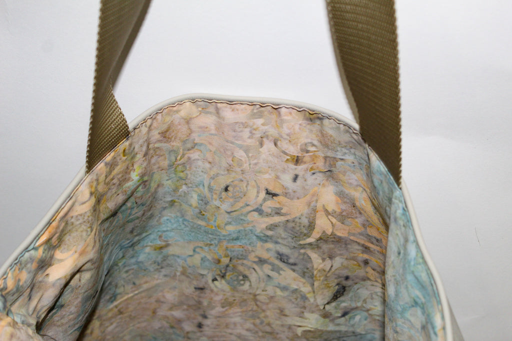 Patchwork Tote | Large Upcycled Auto Leather & Fabric | One of a Kind | Beige Velvet Swirl