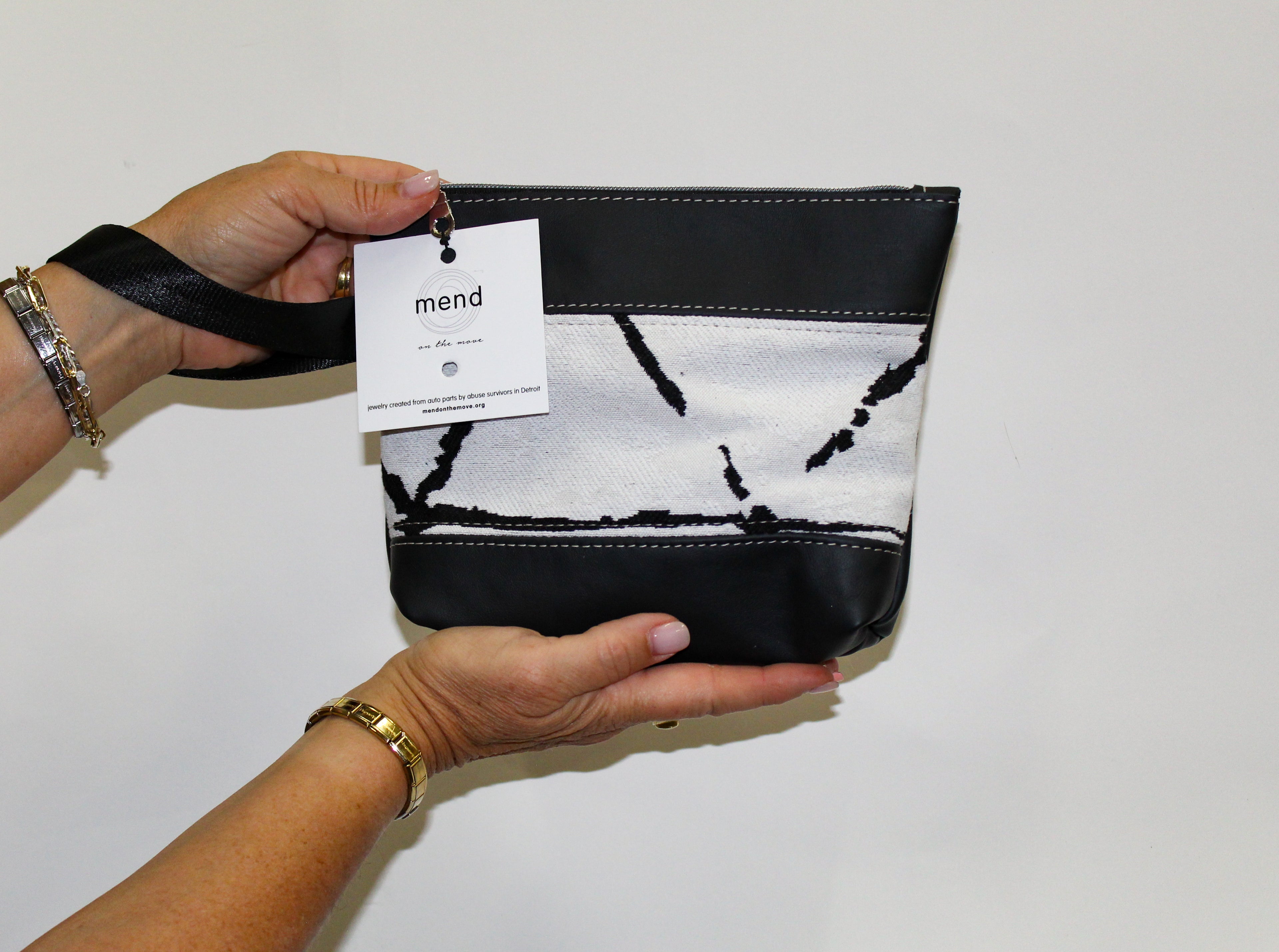 Piece by Piece Wristlet | Upcycled Auto Leather & Fabric | One of a Kind | Black & White