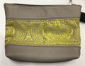 Piece by Piece Wristlet | Upcycled Auto Leather & Fabric | One of a Kind | Taupe & Chartreuse Jacquard Damask