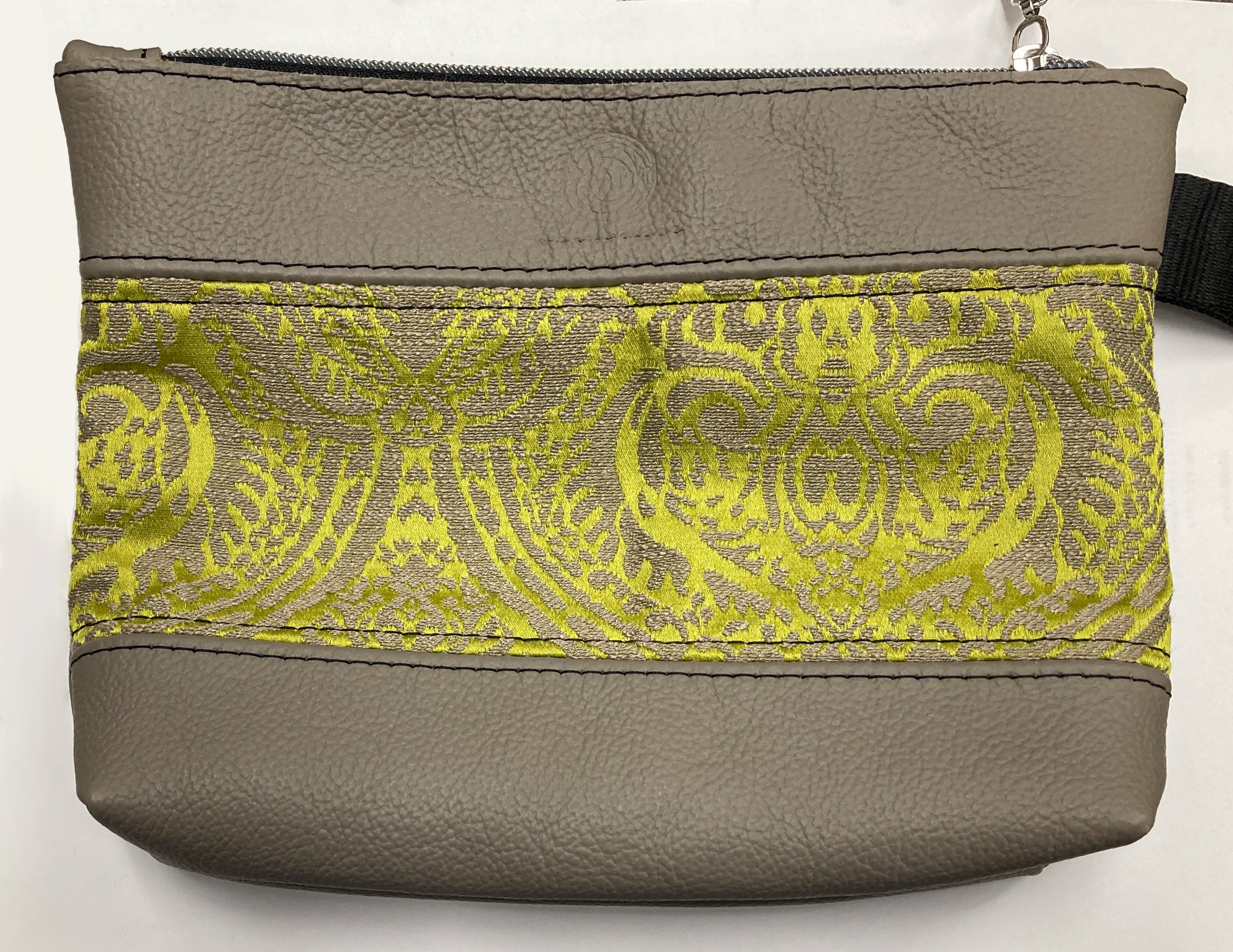 Piece by Piece Wristlet | Upcycled Auto Leather & Fabric | One of a Kind | Taupe & Chartreuse Jacquard Damask
