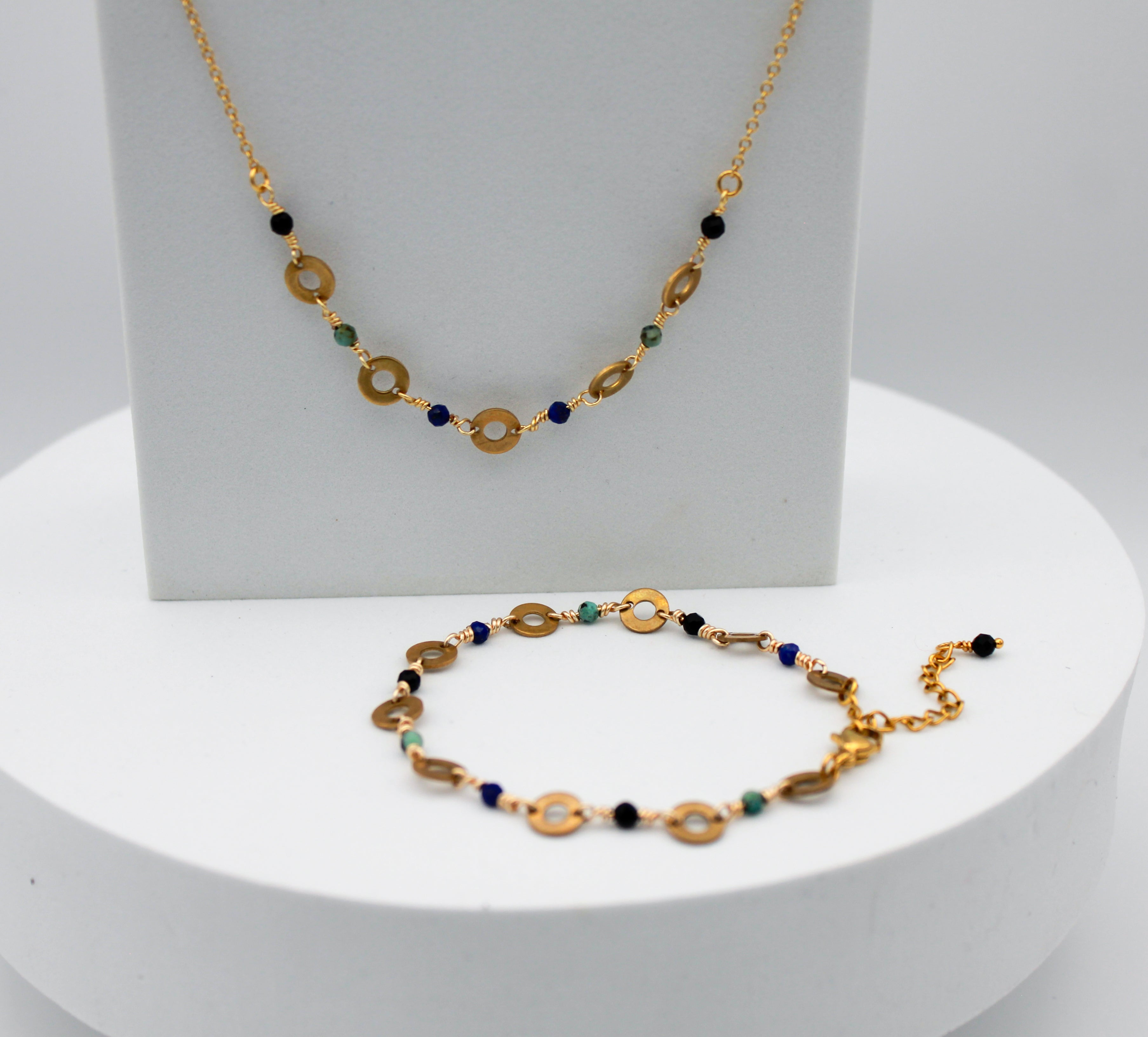 Renewed Radiance Gemstone Necklace | Repurposed Brass Auto Parts | Adjustable Gold Plated Chain
