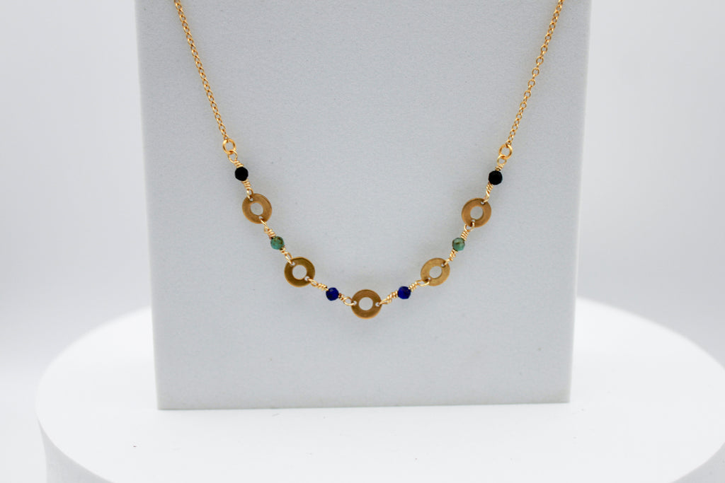 Renewed Radiance Gemstone Necklace | Repurposed Brass Auto Parts | Adjustable Gold Plated Chain