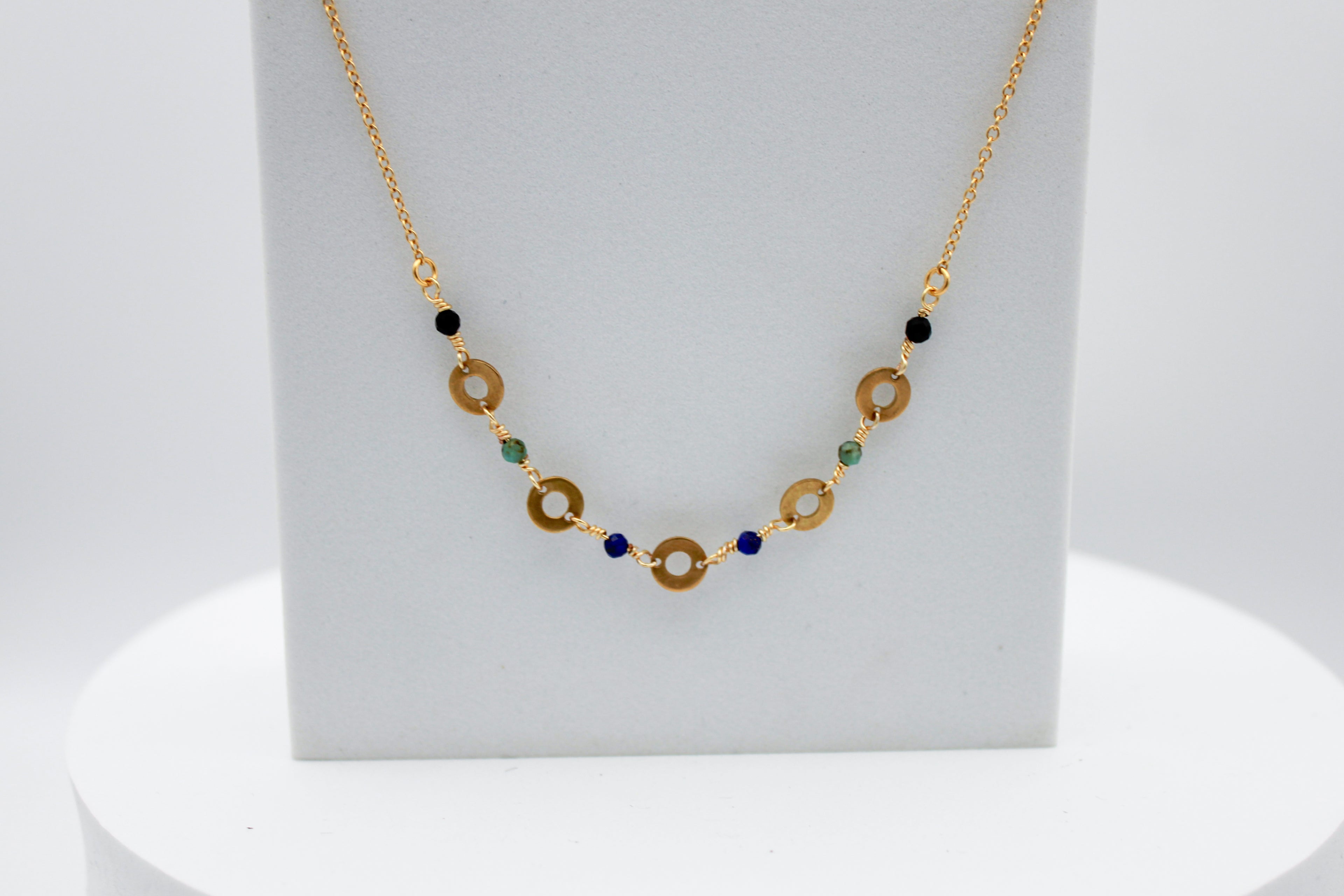 Renewed Radiance Gemstone Necklace | Repurposed Brass Auto Parts | Adjustable Gold Plated Chain