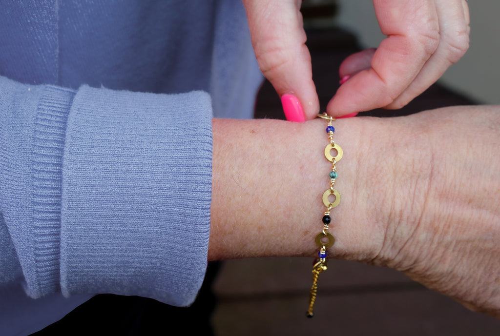 Renewed Radiance Gemstone Bracelet | Repurposed Brass Automotive Parts | Adjustable Gold Plated Chain