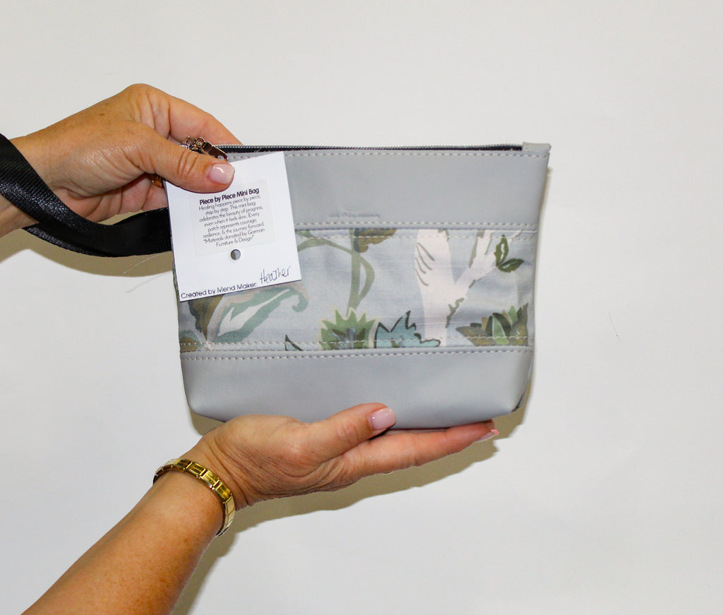 Piece by Piece Wristlet | Upcycled Auto Leather & Fabric | One of a Kind | Gray Abstract Floral
