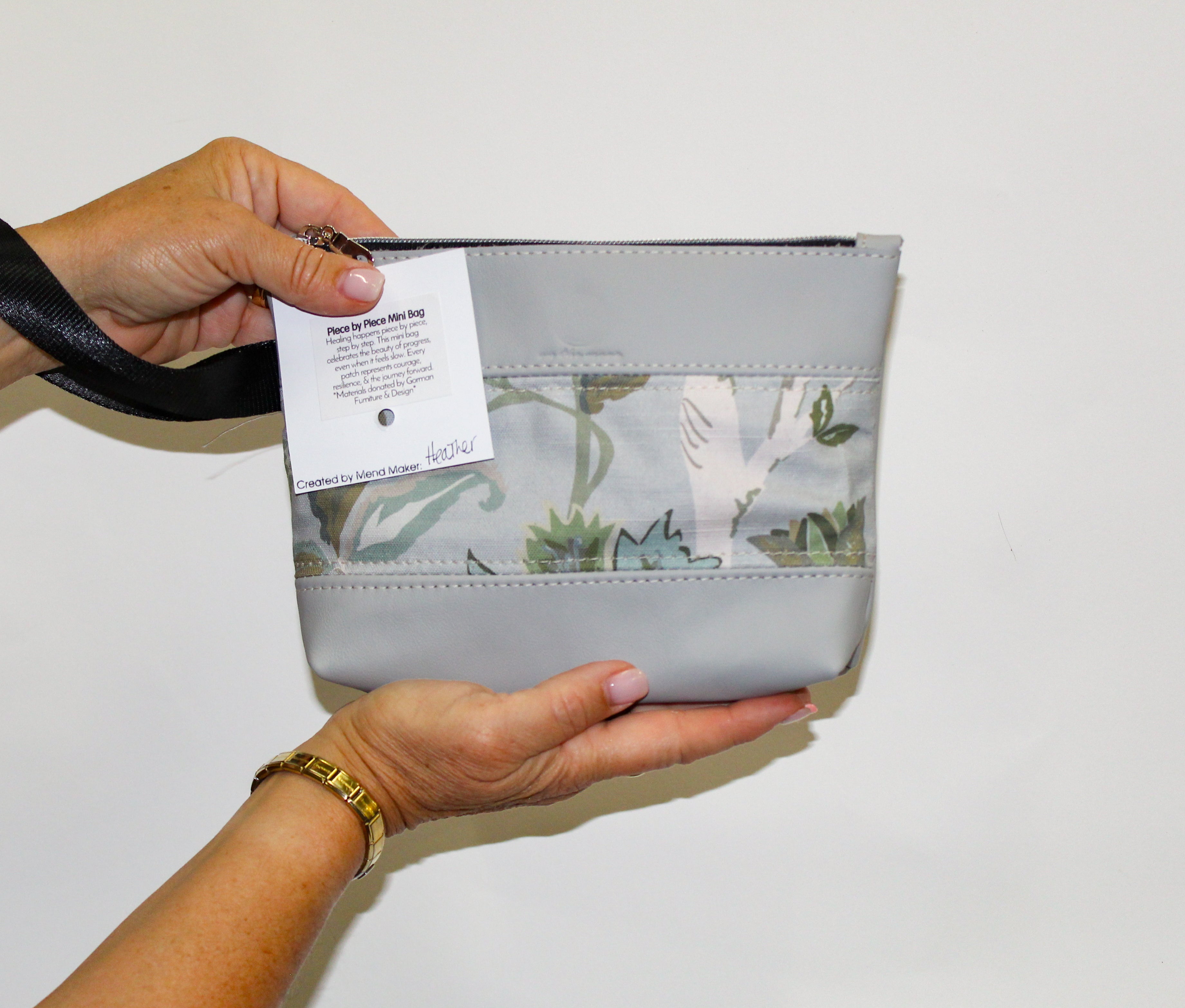 Piece by Piece Wristlet | Upcycled Auto Leather & Fabric | One of a Kind | Gray Abstract Floral