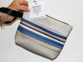 Piece by Piece Wristlet | Upcycled Auto Leather & Fabric | One of a Kind | Light Gray, Demin Blue, Taupe, White Stripe