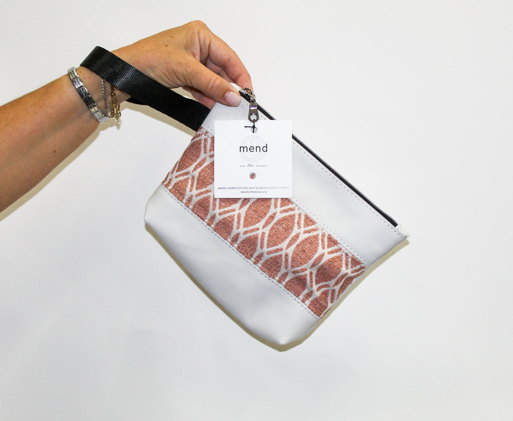Piece by Piece Wristlet | Upcycled Auto Leather & Fabric | One of a Kind | Cream and Salmon Pink