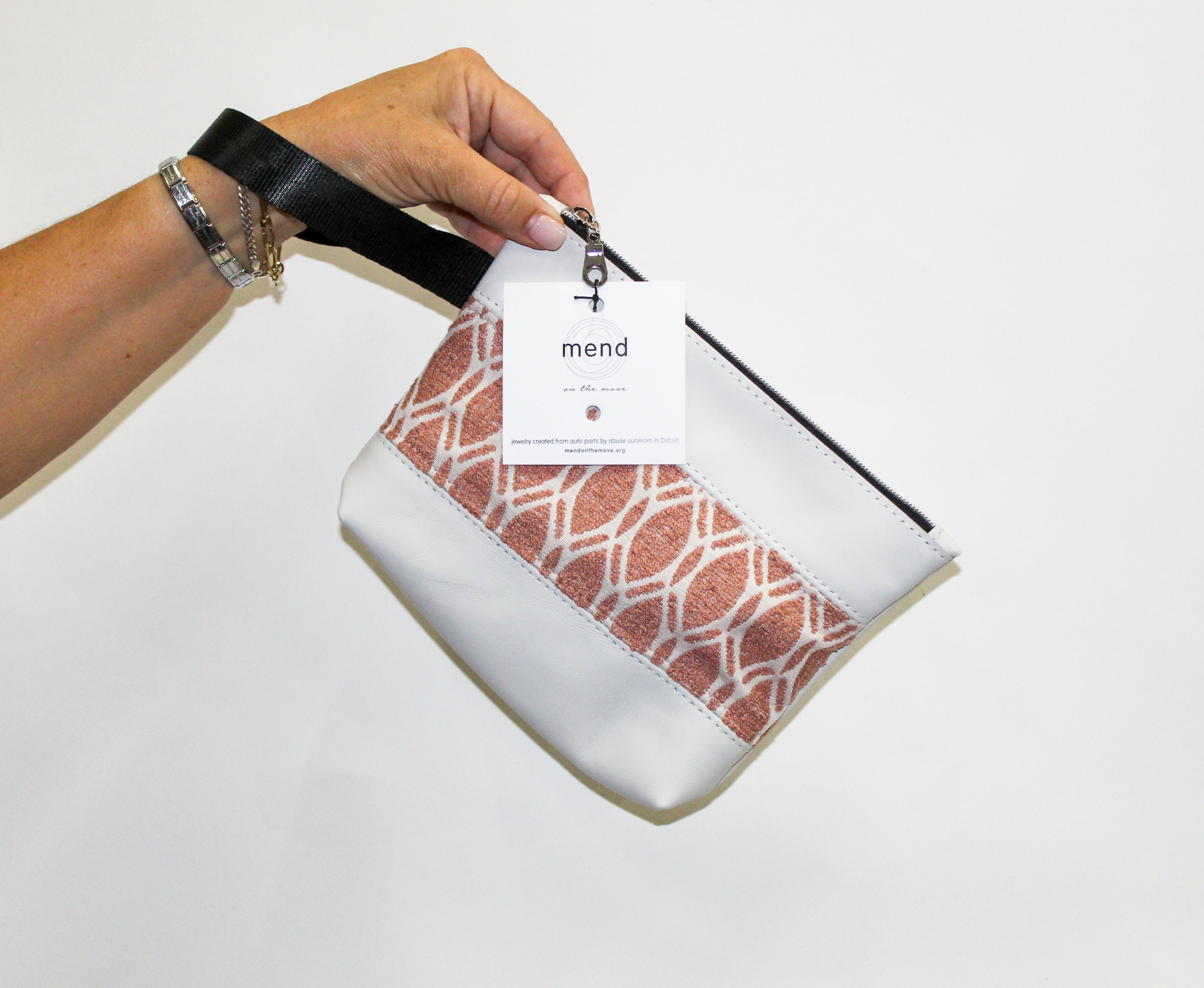 Piece by Piece Wristlet | Upcycled Auto Leather & Fabric | One of a Kind | Cream and Salmon Pink