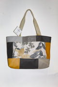 Patchwork Tote | Large Upcycled Auto Leather & Fabric | One of a Kind | Mustard Yellow, Gray, Cream, Beige