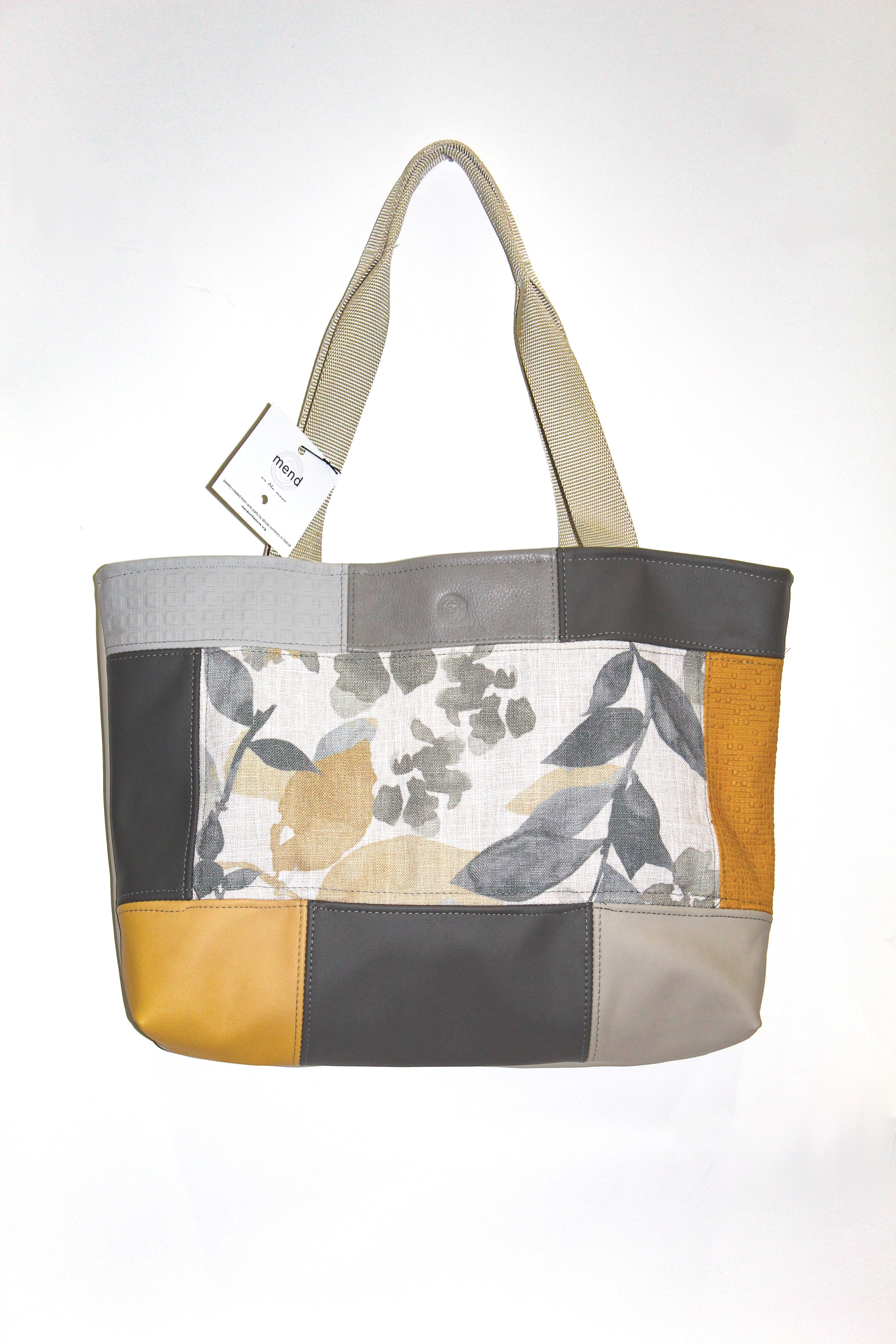 Patchwork Tote | Large Upcycled Auto Leather & Fabric | One of a Kind | Mustard Yellow, Gray, Cream, Beige