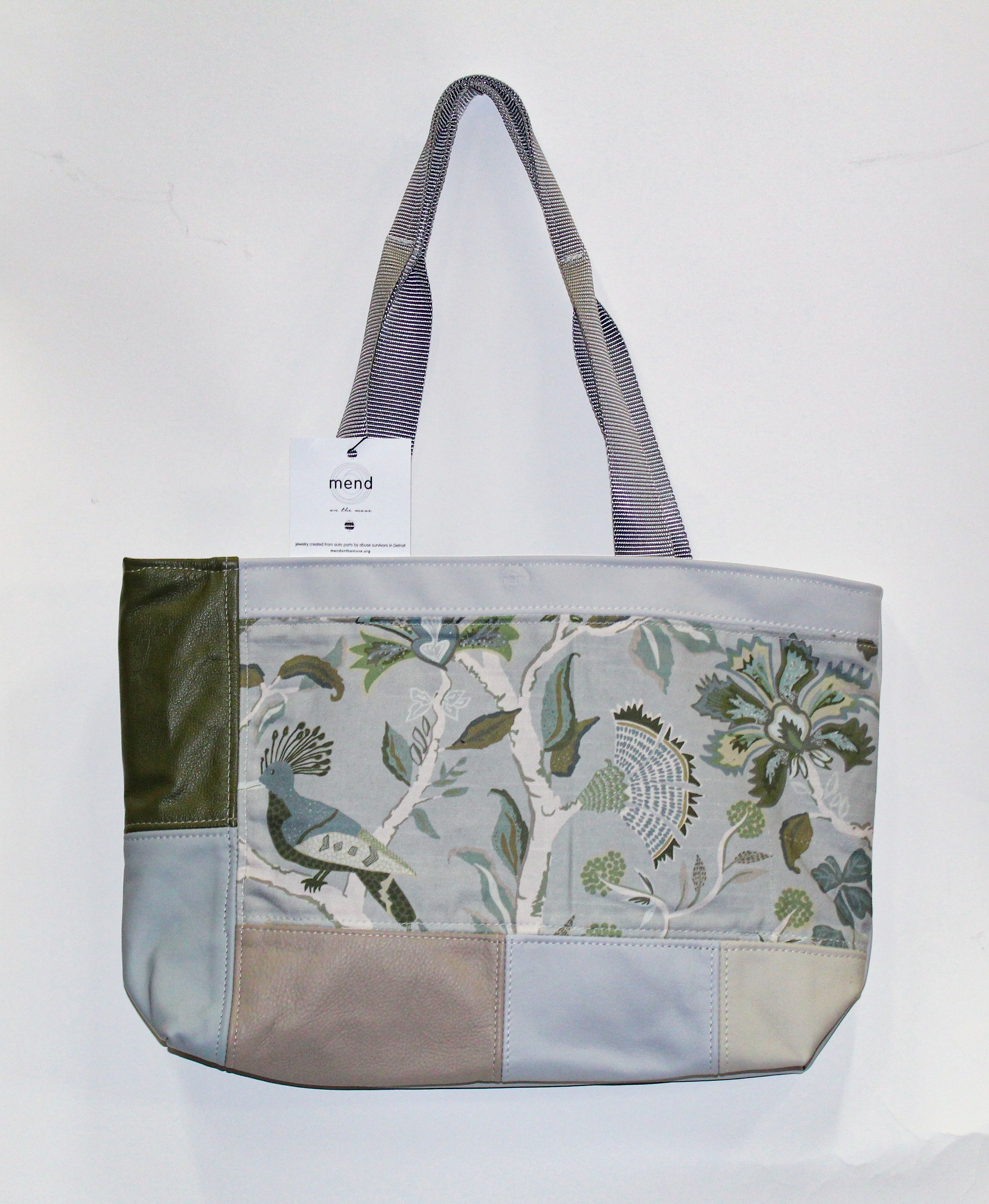 Patchwork Tote | Large Upcycled Auto Leather & Fabric | One of a Kind | Gray, Green, Steel Blue, Mocha, Cream