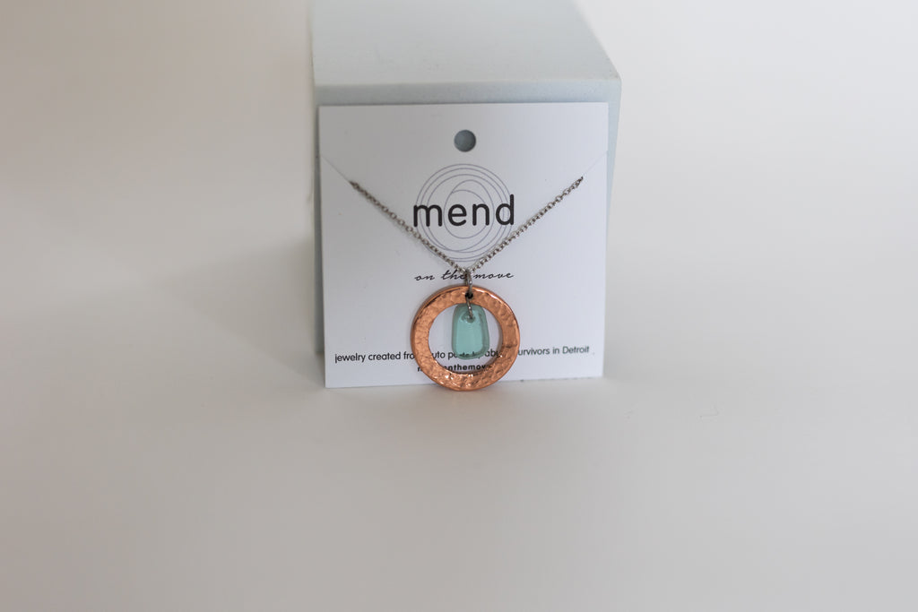 Restored Necklace | Repurposed Automotive Copper Washer & Windshield Glass | Stainless Steel Chain