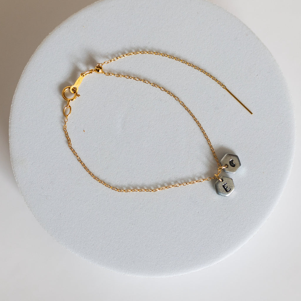 Known Adjustable Bracelet | Personalized Initials on Salvaged Steel Auto Part | 14K Gold-Filled Minimalist Chain