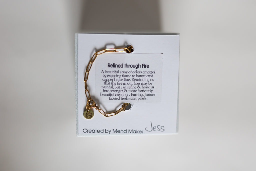 Refined Through Fire Bracelet | Fire Patina Repurposed Automotive Copper Brake Line | 18K Gold Plated Chain