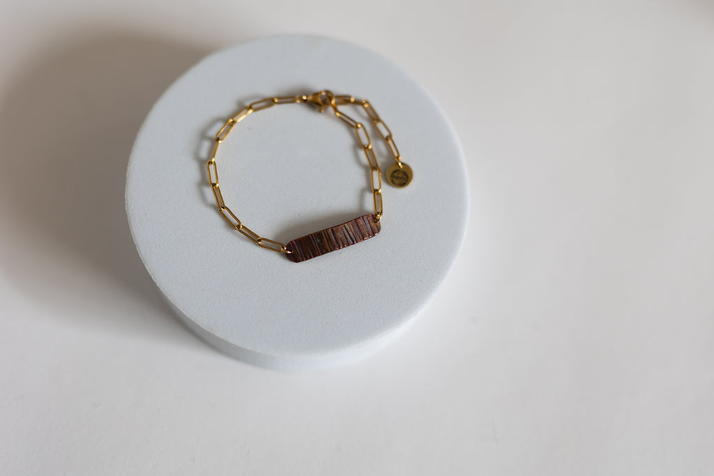 Refined Through Fire Bracelet | Fire Patina Repurposed Automotive Copper Brake Line | 18K Gold Plated Chain