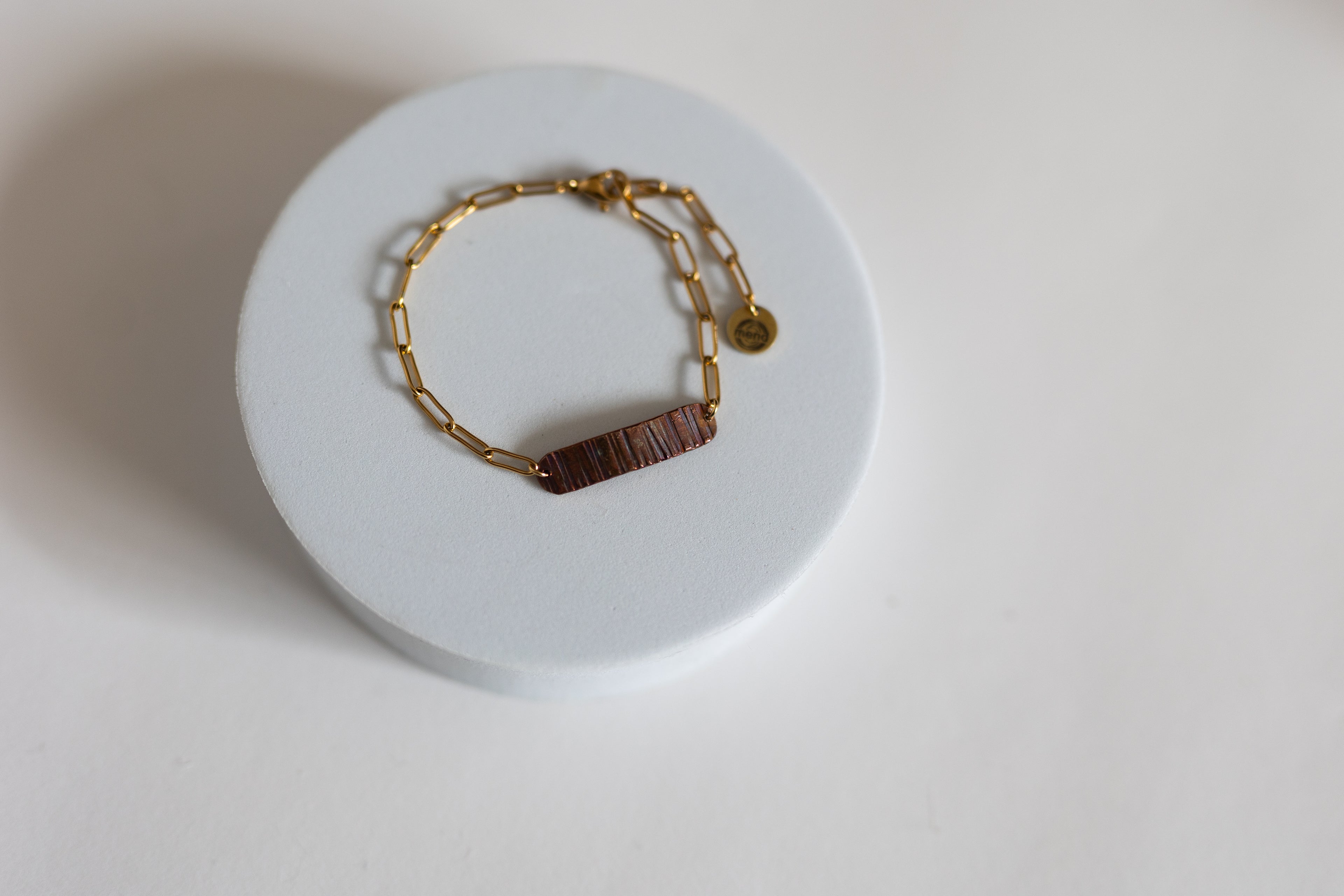 Refined Through Fire Bracelet | Fire Patina Repurposed Automotive Copper Brake Line | 18K Gold Plated Chain