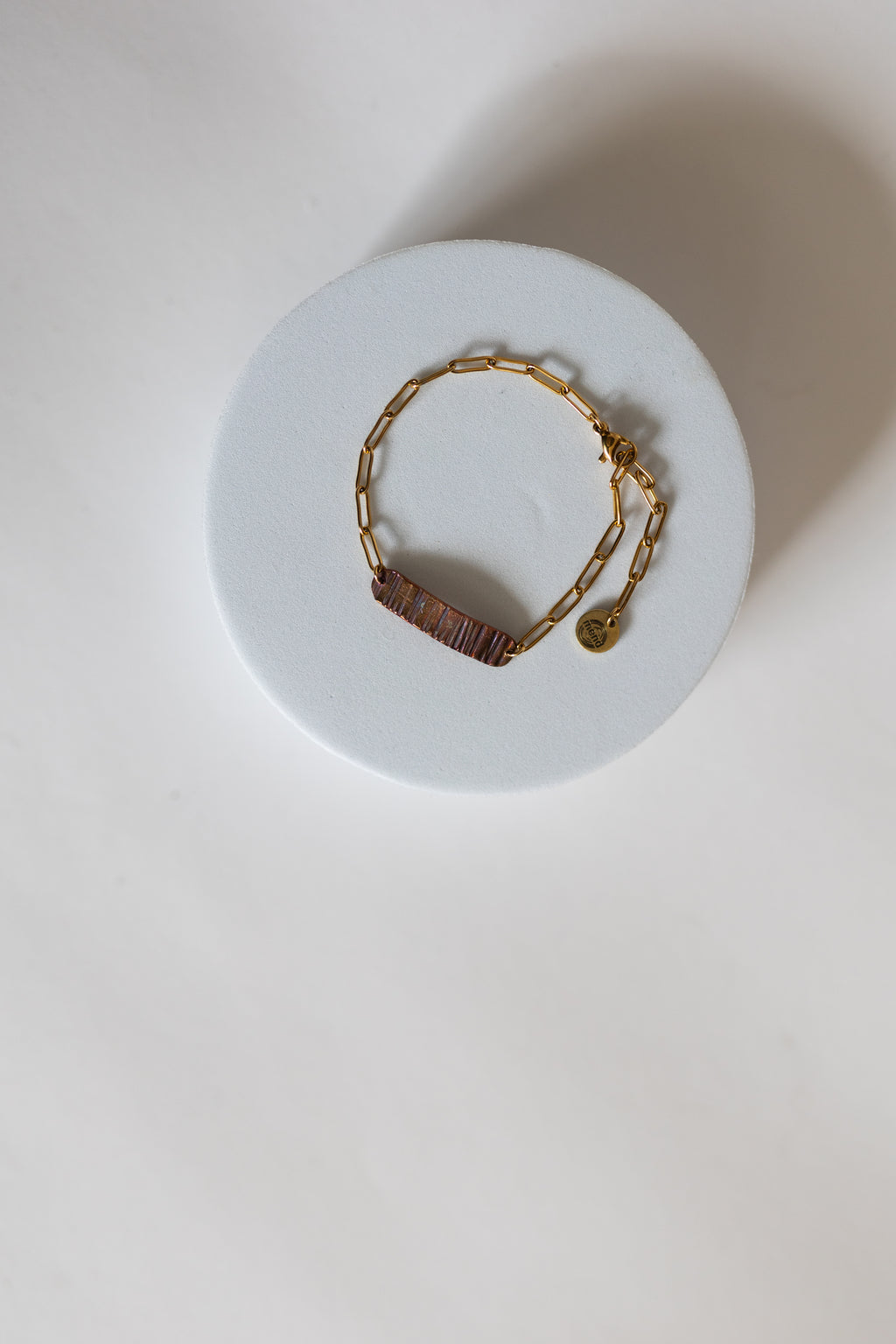 Refined Through Fire Bracelet | Fire Patina Repurposed Automotive Copper Brake Line | 18K Gold Plated Chain
