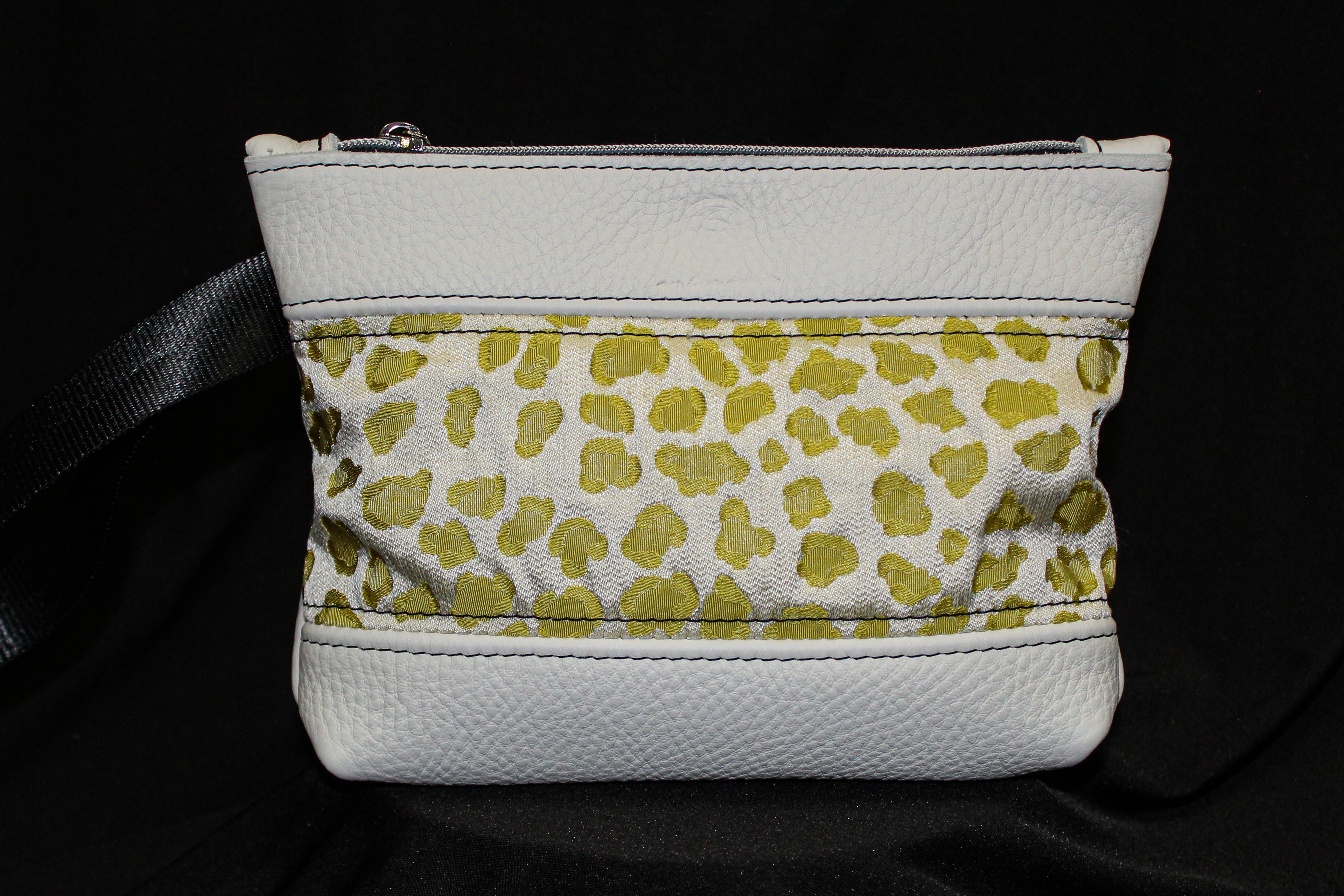 Piece by Piece Wristlet | Upcycled Auto Leather & Fabric | One of a Kind | Light Gray & Chartreuse Animal Print