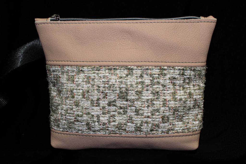 Piece by Piece Wristlet | Upcycled Auto Leather & Fabric | One of a Kind | Blush & Natural Tweed