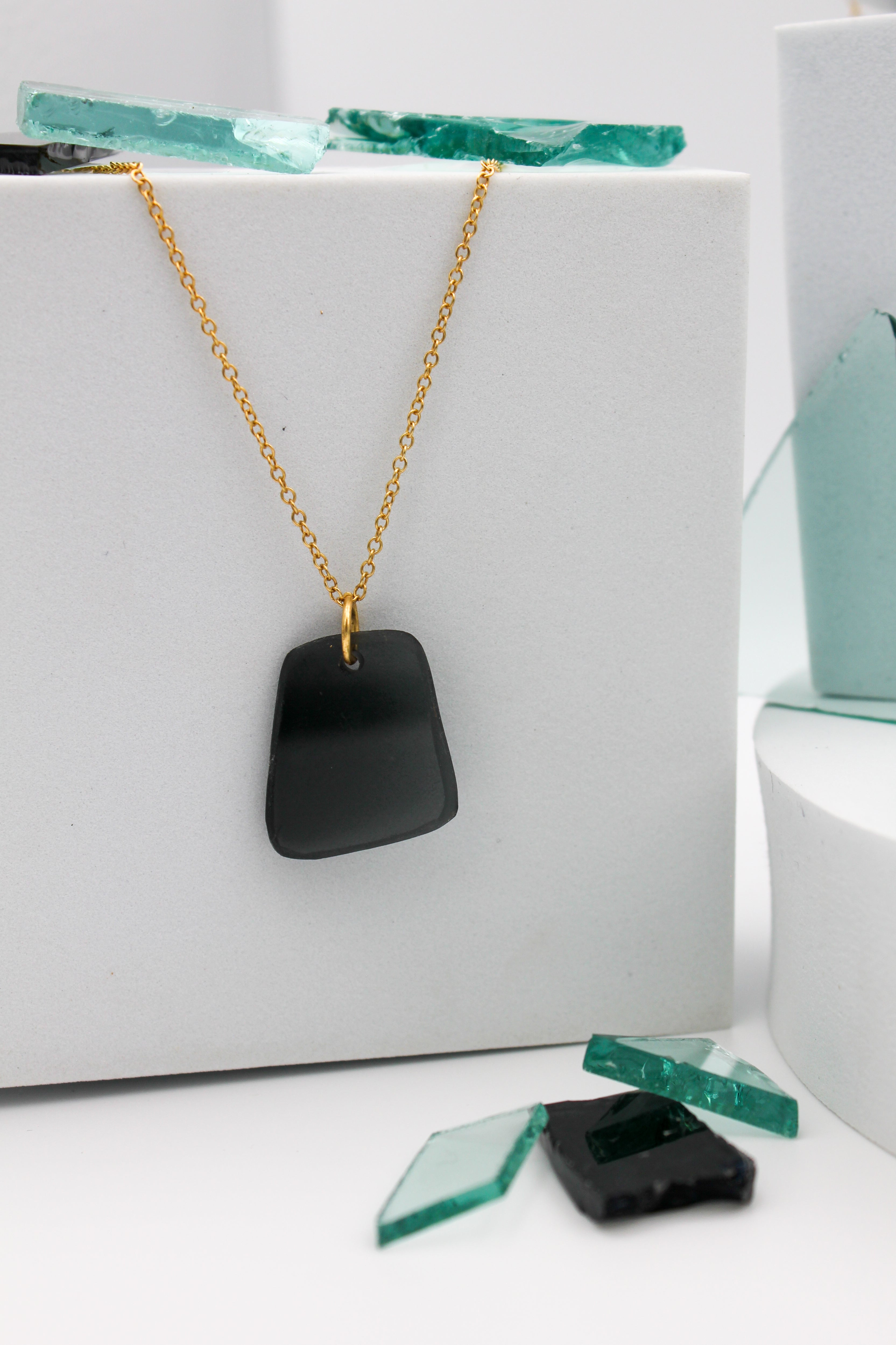Visions Black Glass Necklace | Repurposed Automotive Windshield Glass | Adjustable Gold Plated Chain