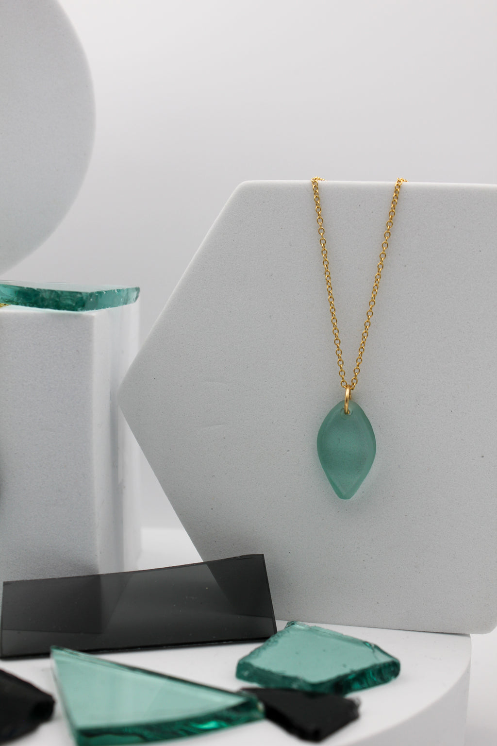 Visions Aqua Glass Necklace | Repurposed Automotive Windshield Glass | Adjustable Gold Plated Chain
