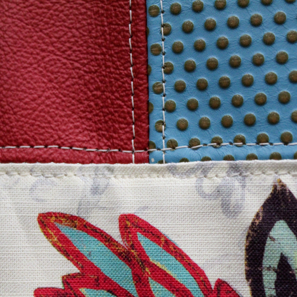 Patchwork Tote | Large Upcycled Auto Leather & Fabric | One of a Kind | Floral Print Purple, Red, Blue, Yellow