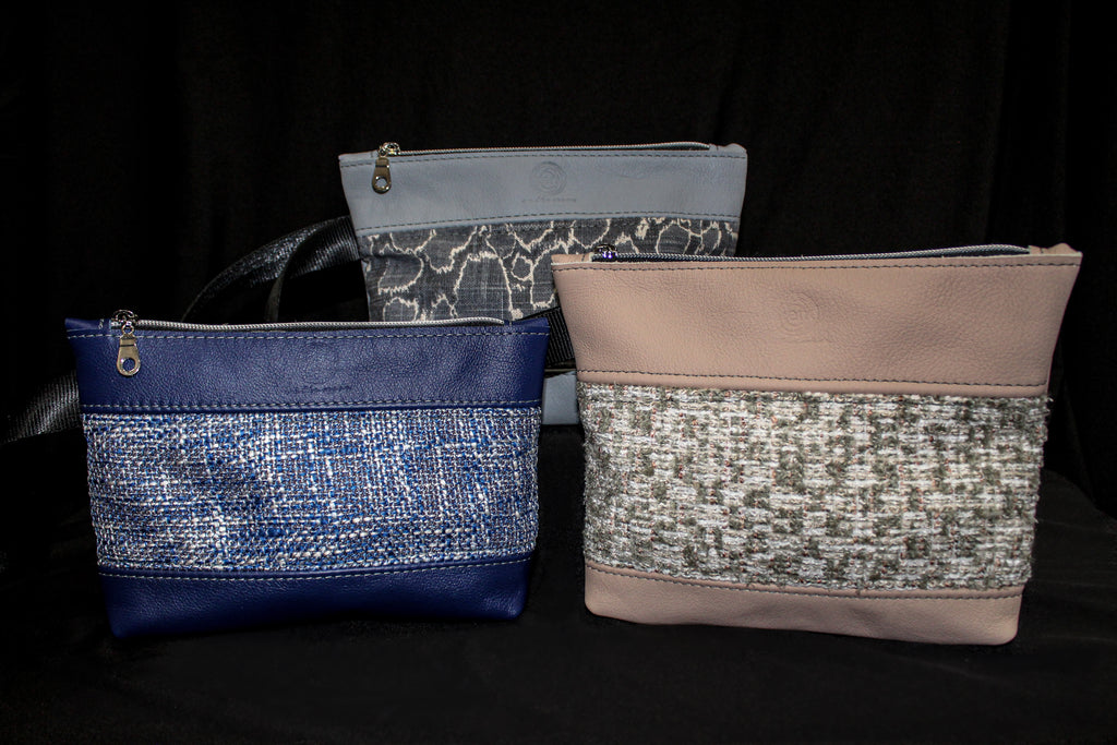 Piece by Piece Wristlet | Upcycled Auto Leather & Fabric | One of a Kind | Blush & Natural Tweed
