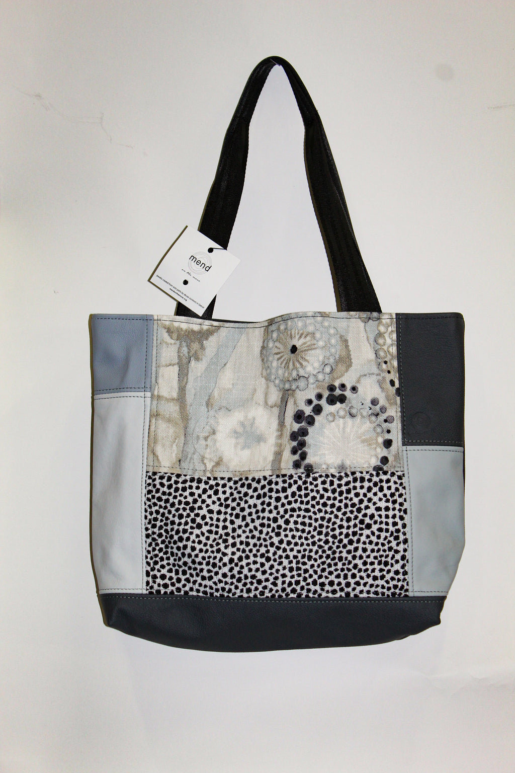 Patchwork Tote | Large Upcycled Auto Leather & Fabric | One of a Kind | Gray, Taupe, Navy, Light Slate Blue