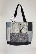 Patchwork Tote | Large Upcycled Auto Leather & Fabric | One of a Kind | Gray, Taupe, Navy, Light Slate Blue