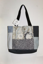 Patchwork Tote | Large Upcycled Auto Leather & Fabric | One of a Kind | Gray, Taupe, Navy, Light Slate Blue