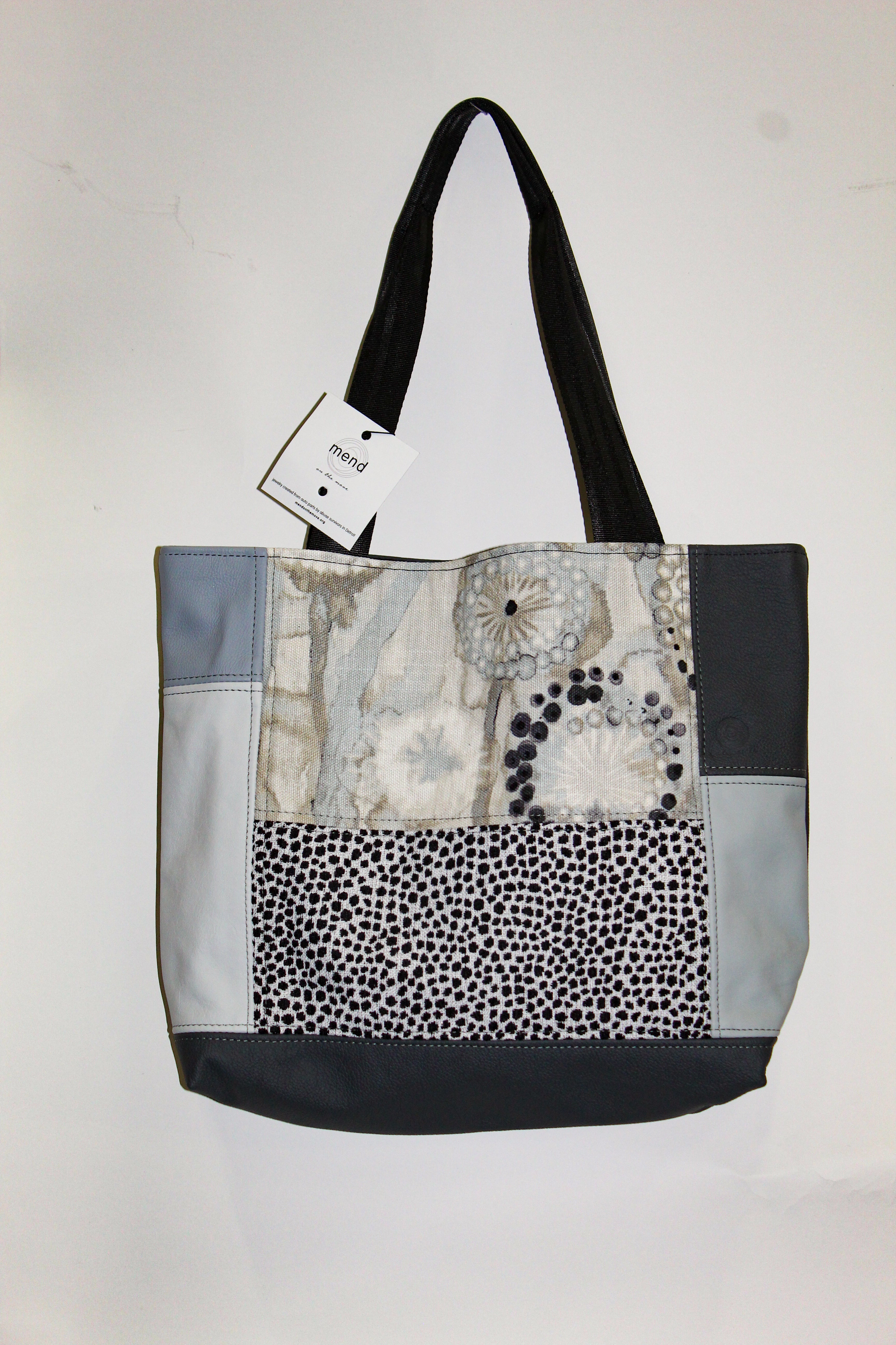 Patchwork Tote | Large Upcycled Auto Leather & Fabric | One of a Kind | Gray, Taupe, Navy, Light Slate Blue