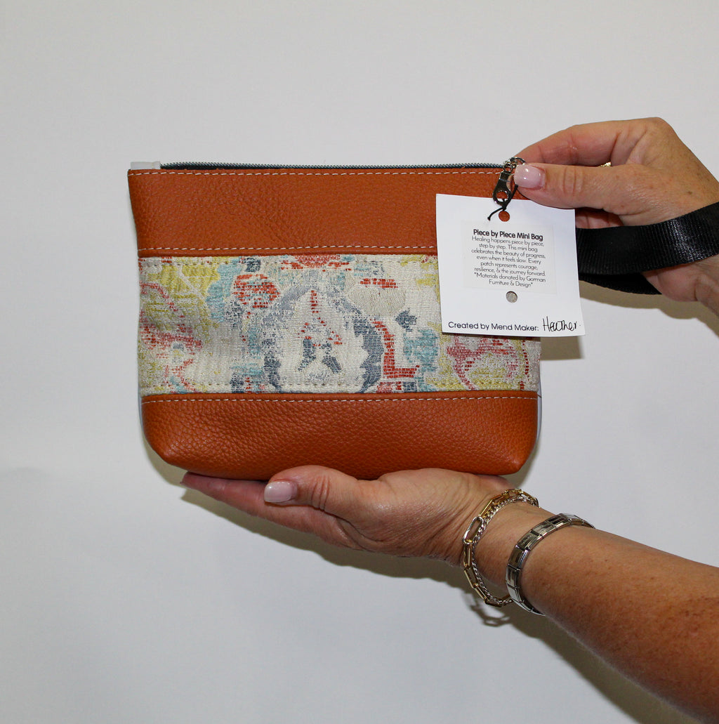 Piece by Piece Wristlet | Upcycled Auto Leather & Fabric | One of a Kind | Rust Orange Abstract