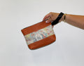 Piece by Piece Wristlet | Upcycled Auto Leather & Fabric | One of a Kind | Rust Orange Abstract