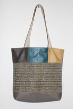 Load image into Gallery viewer, Patchwork Tote | Large Upcycled Auto Leather &amp; Fabric | One of a Kind | Blue, Gray, Camel