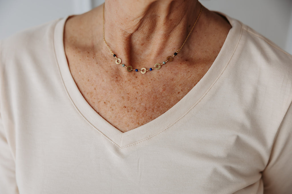 Renewed Radiance Gemstone Necklace | Repurposed Brass Auto Parts | Adjustable Gold Plated Chain