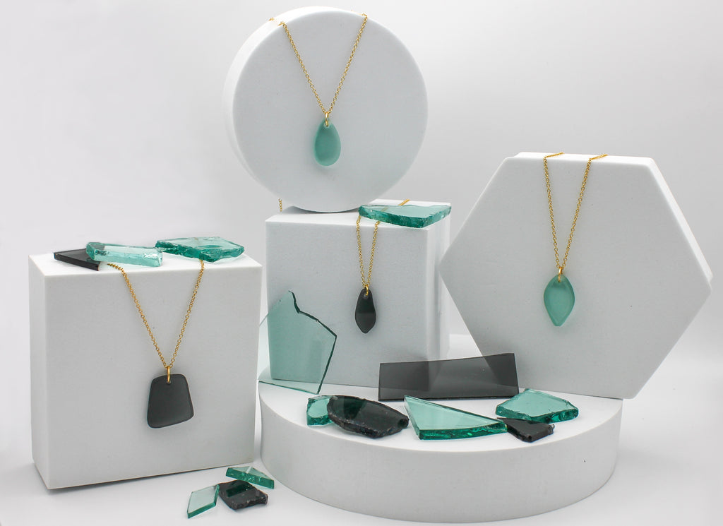 Visions Aqua Glass Necklace | Repurposed Automotive Windshield Glass | Adjustable Gold Plated Chain