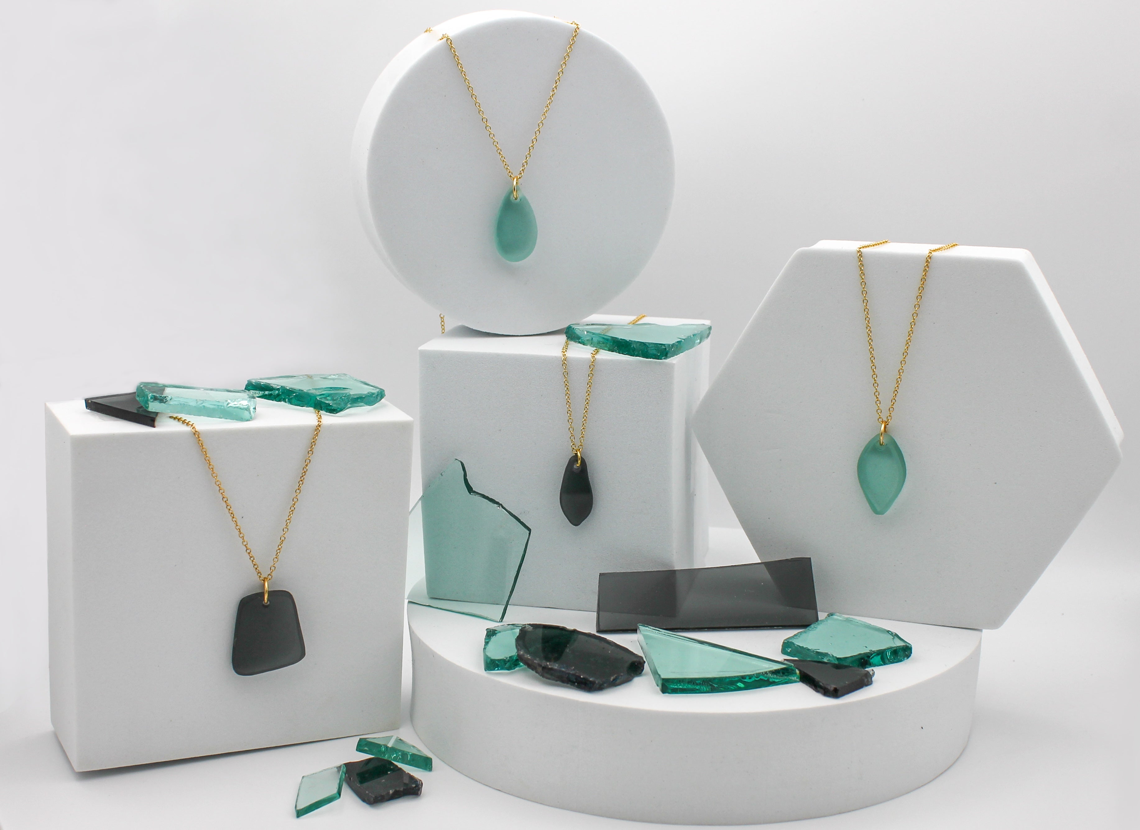 Visions Aqua Glass Necklace | Repurposed Automotive Windshield Glass | Adjustable Gold Plated Chain