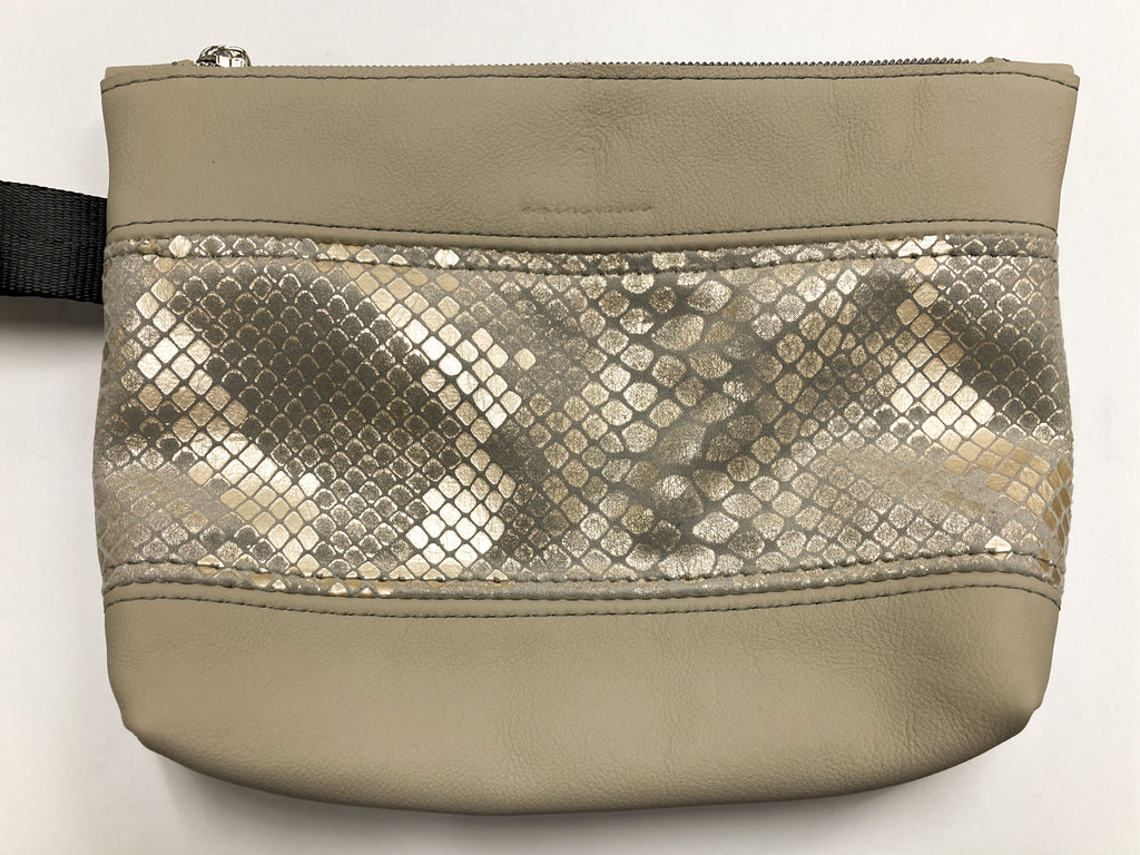 Piece by Piece Wristlet | Upcycled Auto Leather & Fabric | One of a Kind | Gold, Gray, Beige Snakeskin Style Print