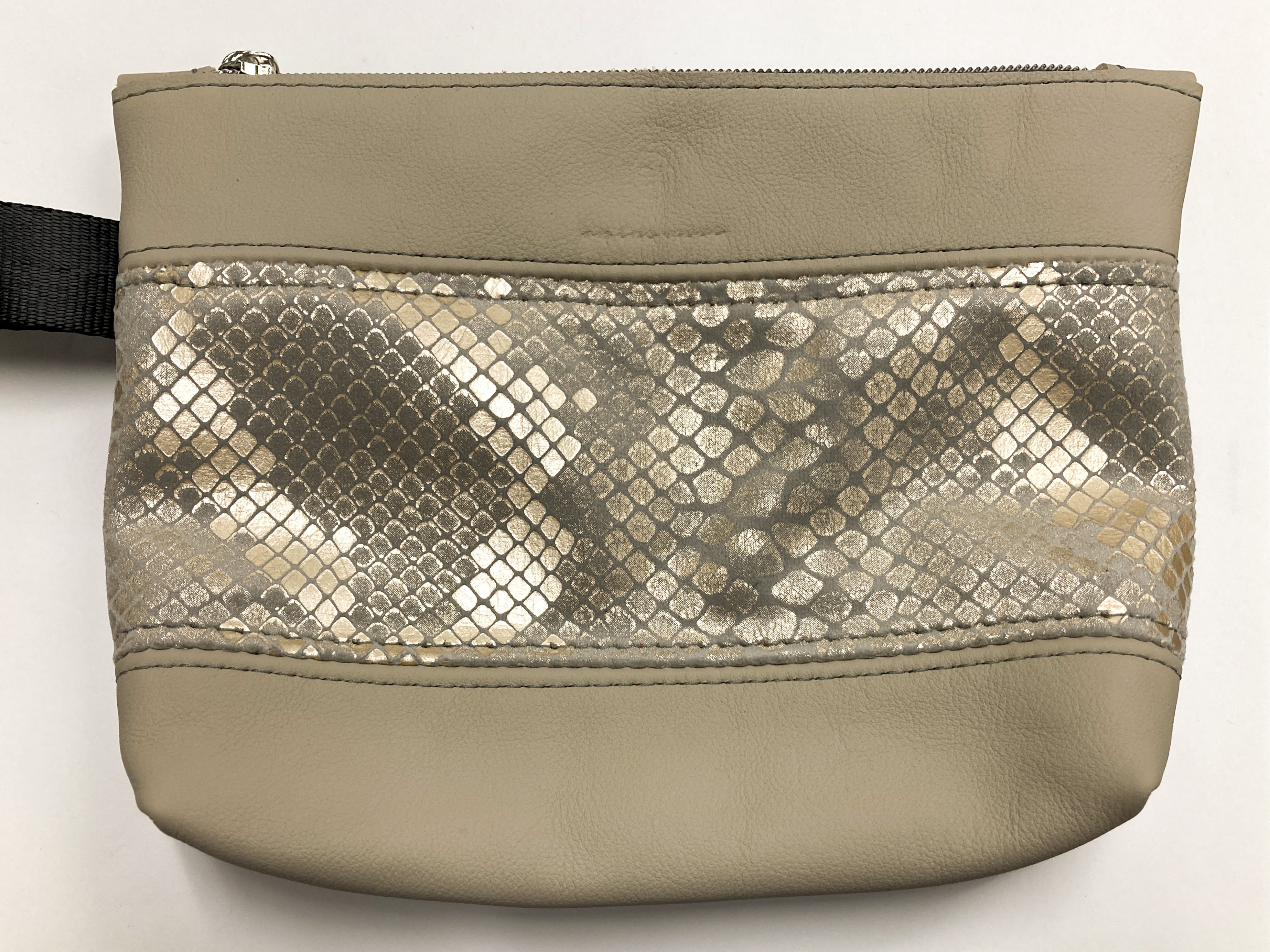 Piece by Piece Wristlet | Upcycled Auto Leather & Fabric | One of a Kind | Gold, Gray, Beige Snakeskin Style Print
