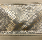 Piece by Piece Wristlet | Upcycled Auto Leather & Fabric | One of a Kind | Gold, Gray, Beige Snakeskin Style Print
