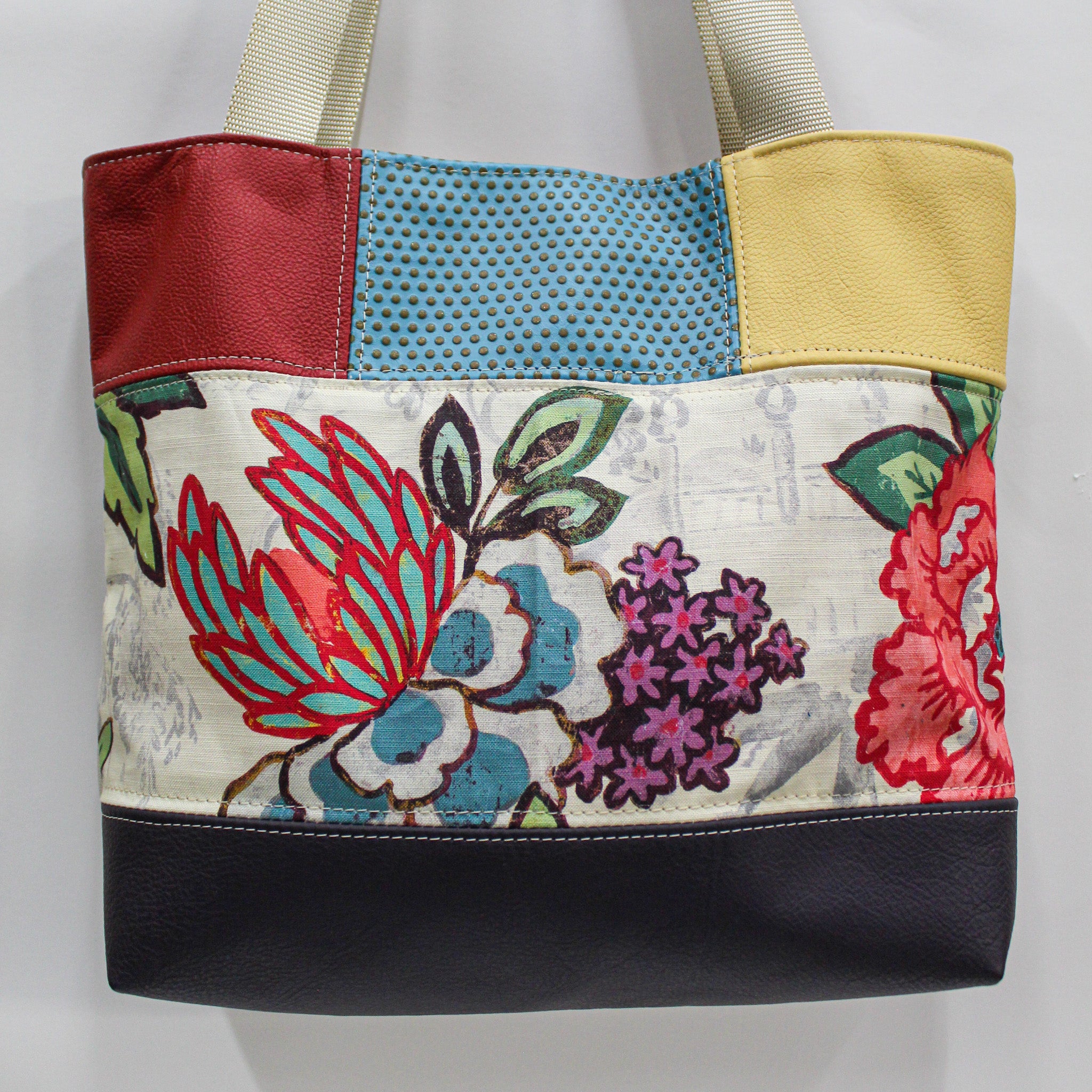 Patchwork Tote | Large Upcycled Auto Leather & Fabric | One of a Kind | Floral Print Purple, Red, Blue, Yellow