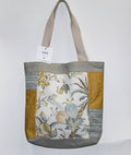 Patchwork Tote | Large Upcycled Auto Leather & Fabric | One of a Kind | Coastal Gold, Denim Blue