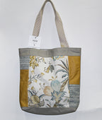 Patchwork Tote | Large Upcycled Auto Leather & Fabric | One of a Kind | Coastal Gold, Denim Blue