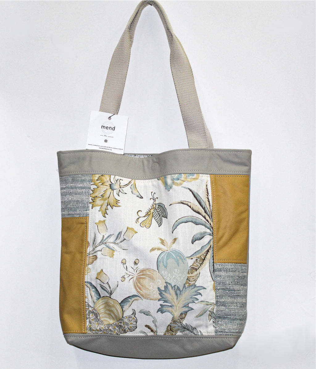 Patchwork Tote | Large Upcycled Auto Leather & Fabric | One of a Kind | Coastal Gold, Denim Blue
